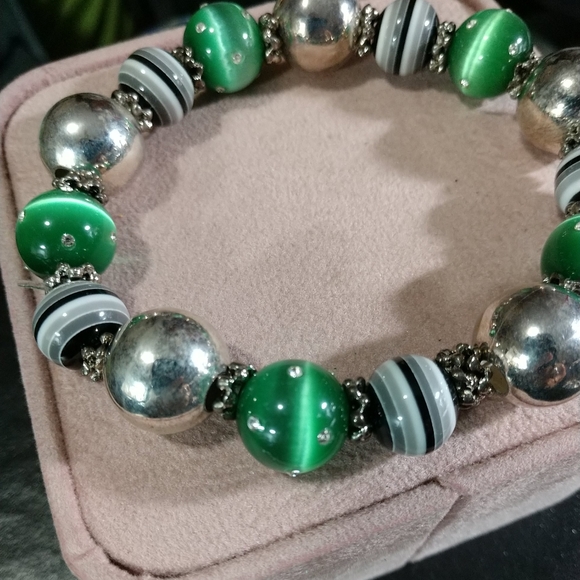 🎄Large Bracelet Glass Fluorite Beads with Rhinestones Sterling Silver Beads NEW - Picture 2 of 9